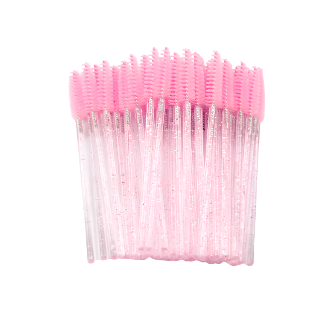 Gupillones rosados vistos completos, con cepillo y mango transparente con glitter.