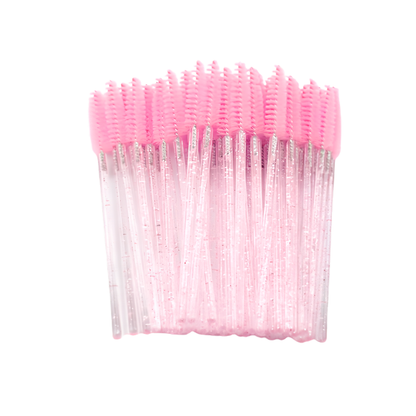Gupillones rosados vistos completos, con cepillo y mango transparente con glitter.