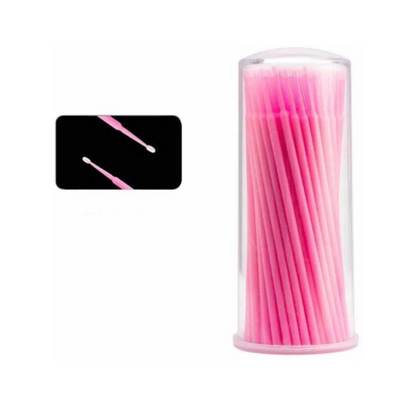 MicroBrush rosados en un tubo transparente, con un recuadro de sus puntas.
