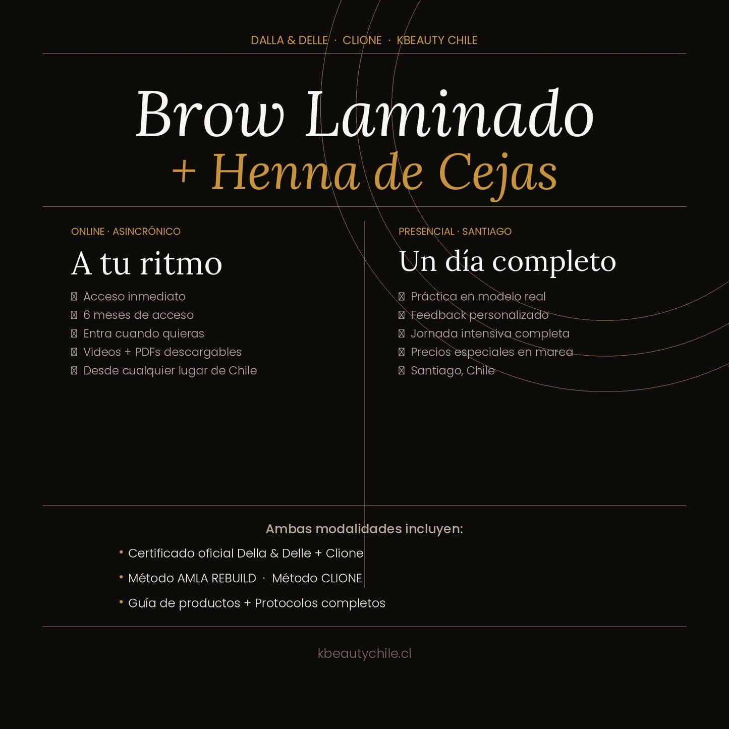 Curso Brow Lamination + Henna de Cejas + Spa de Cejas · Método Exclusivo Della & Delle + Clione · Online y Presencial · Chile