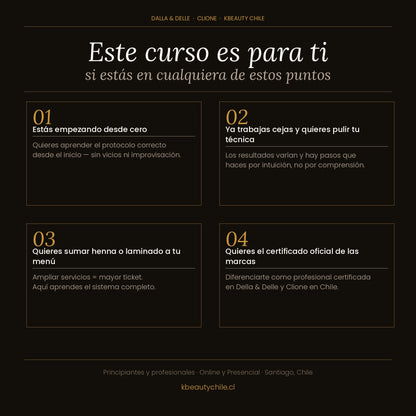 Curso Brow Lamination + Henna de Cejas + Spa de Cejas · Método Exclusivo Della & Delle + Clione · Online y Presencial · Chile